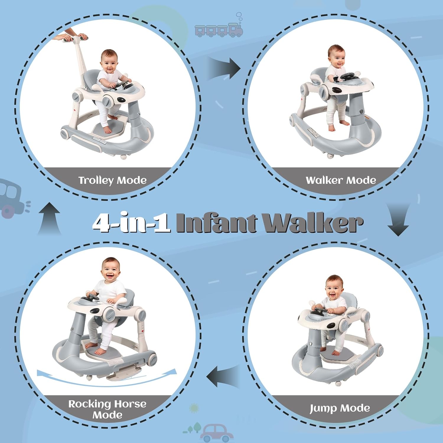 PRVAETU 5 in 1 Baby Walker for Boys Girls,Foldable,Music,Light,Jumper,Rocking,Push,Height Adjustable Training Activity for Babies Infant 6-18 Months
