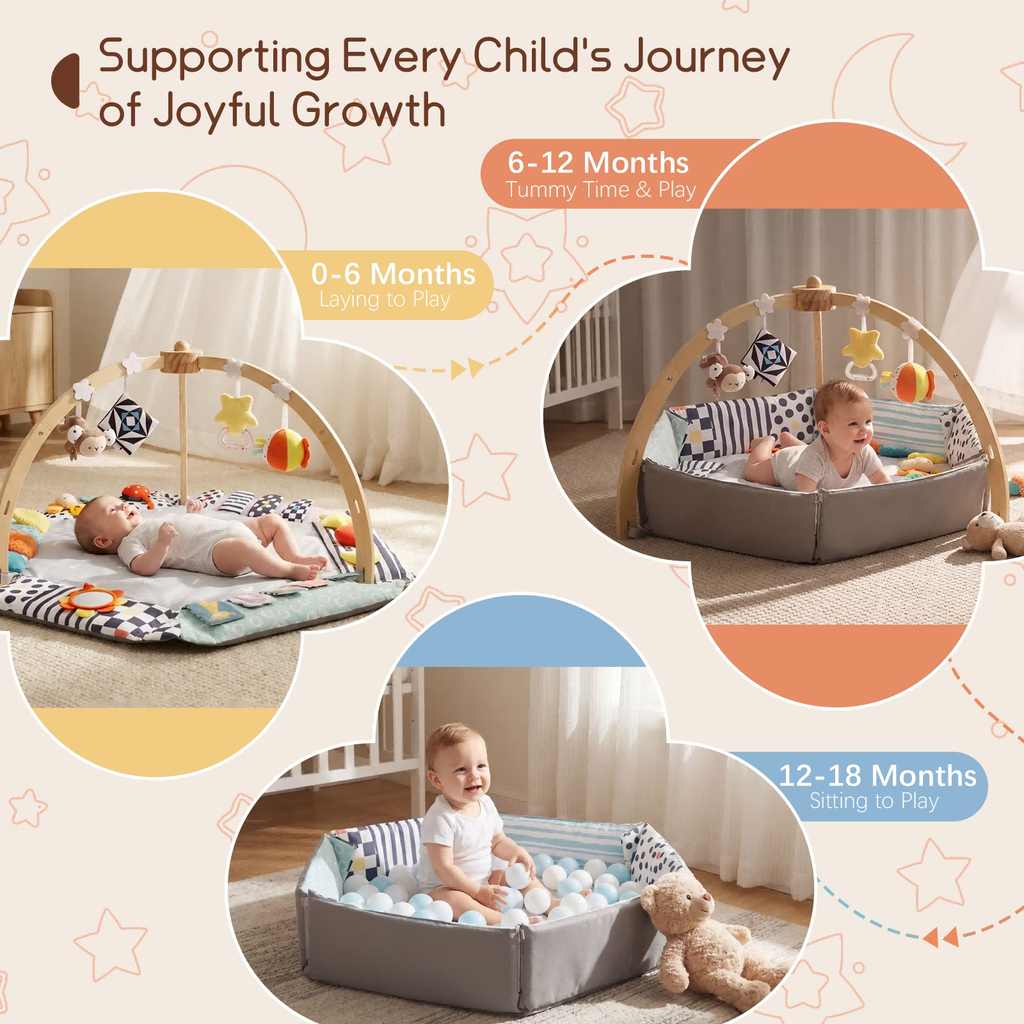 PRVAETU Baby Play Mat with Foldable Raised Edges, Wooden Gym & 6-in-1 Activity Center, Convertible Ball Pit, Sensory Playmat for Infants 6-18 Months