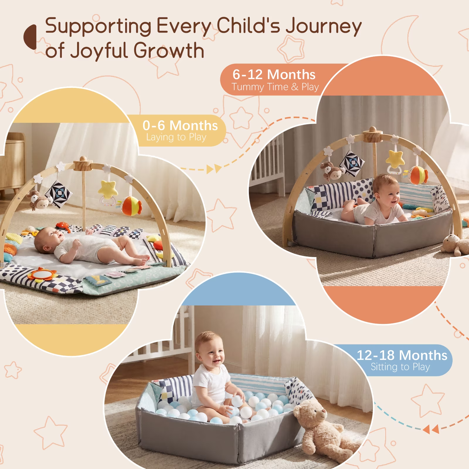 PRVAETU Baby Play Mat with Foldable Raised Edges, Wooden Gym & 6-in-1 Activity Center, Convertible Ball Pit, Sensory Playmat for Infants 6-18 Months