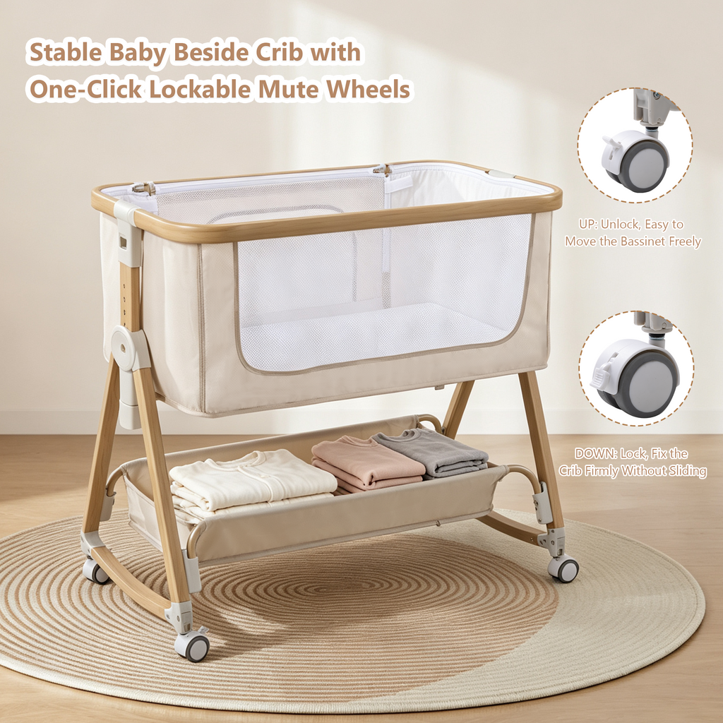 PRVAETU Baby Bassinet Bedside Sleeper, 6-Level Height Adjustable Bedside Crib with 360° Silent Lockable Wheels, Portable Bassinet for Newborns and Infants