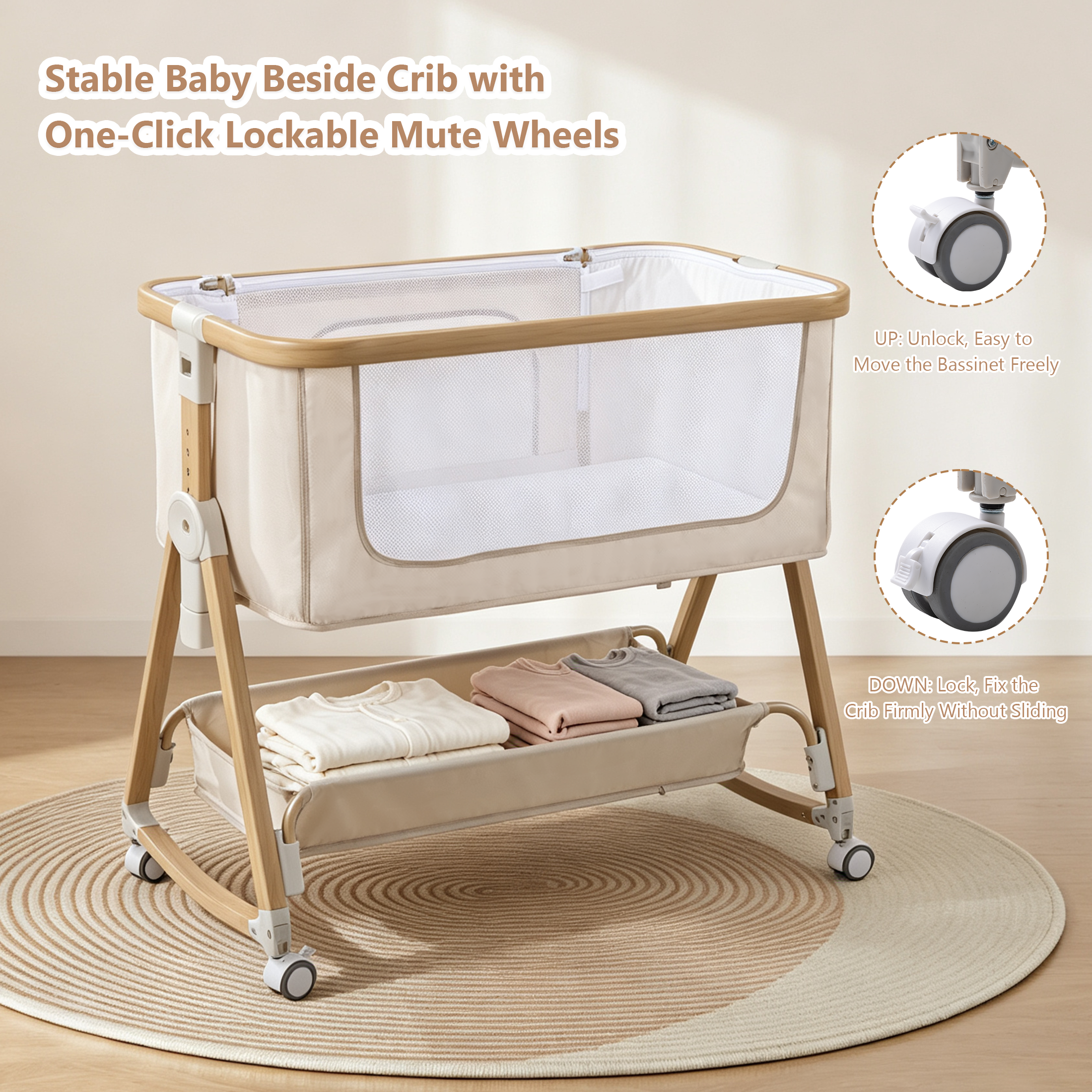 PRVAETU Baby Bassinet Bedside Sleeper, 6-Level Height Adjustable Bedside Crib with 360° Silent Lockable Wheels, Portable Bassinet for Newborns and Infants