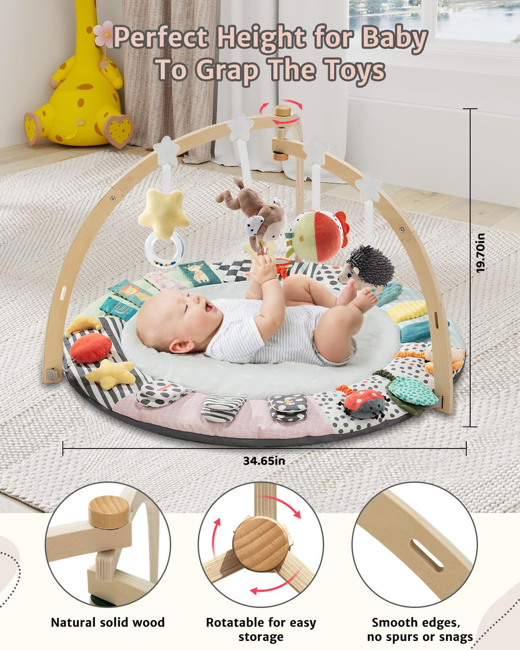 PRVAETU Wooden Baby Gym Play Mat, Foldable Tummy Time Playmat W/ 7 Detachable Toys for Infant Newborn Toddler Motor Skills Sensory Development