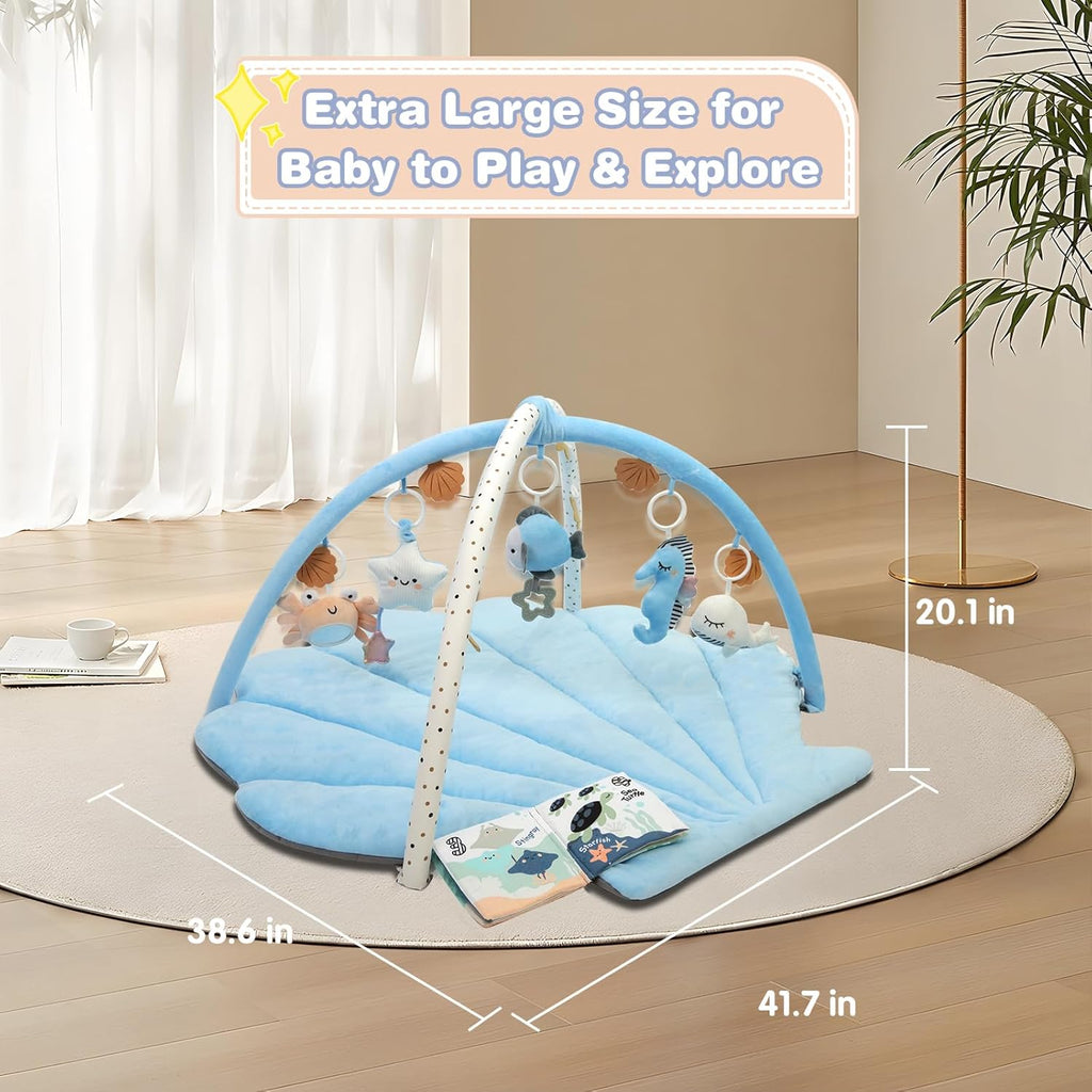 PRVAETU Baby Play Gym Mat, Oversize Tummy Time Activity Mat with 6 Detachable Toys for Infant 0-12 Months Sensory Exploration Skill Development