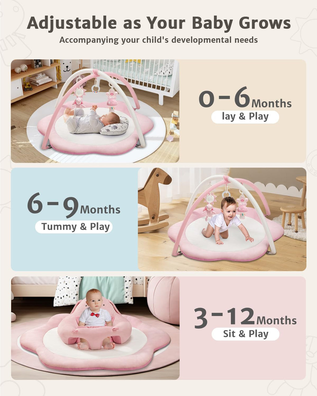 PRVAETU Baby Gym Play Mat, Sitting-up Babies Seats for Infants,with 5 Detachable Toys, Infant Toddler Activity Tummy Time Playmats for Newborn 0-12 Months