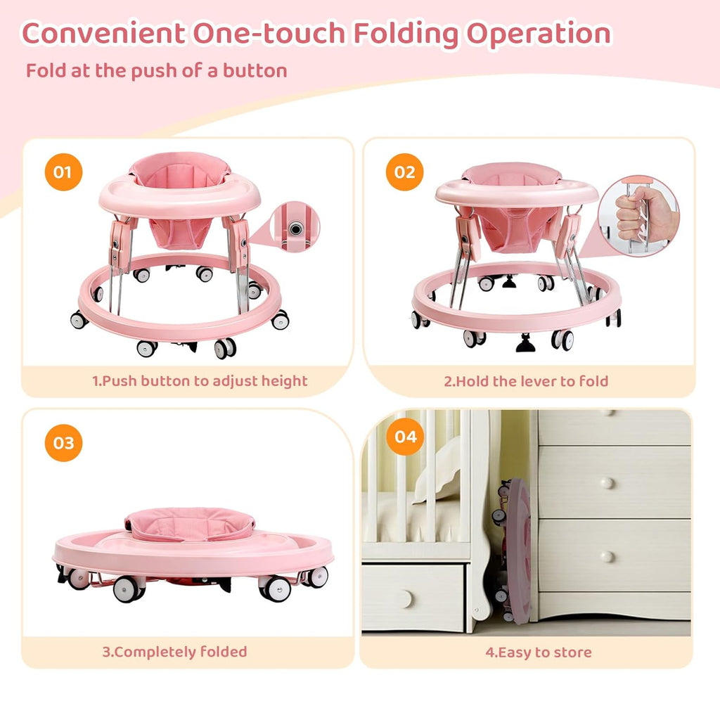 PRVAETU Foldable Baby Walker Activity Center W/ Wheels,Height Adjustable W/ Dinner Plate & Foot Pad for 6-18 Months Babies Infant Boys Girls