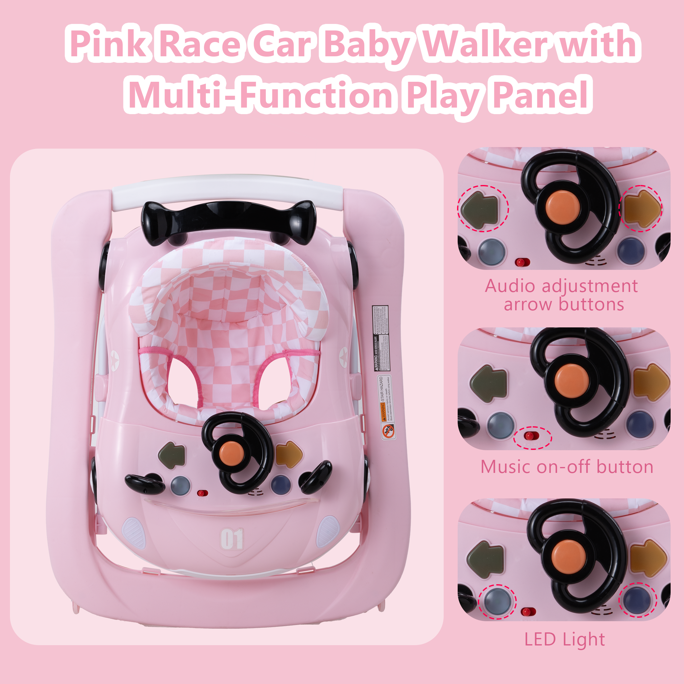 PRVAETU 5 in 1 Baby Walker Car-Shaped with Music,Lights,Foldable,Jumper,Rocking,Removable Plate for Infant Boys 6-18 Months