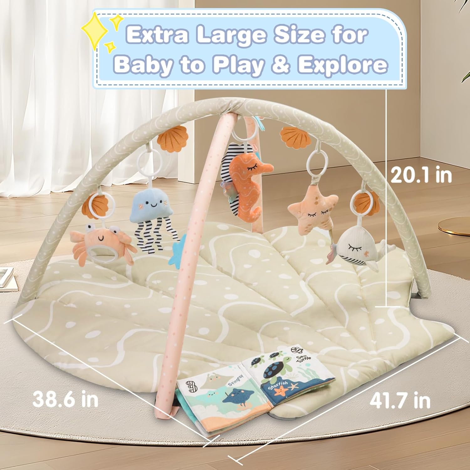 PRVAETU Baby Play Gym Mat, Oversize Tummy Time Activity Mat with 6 Detachable Toys for Infant 0-12 Months Sensory Exploration Skill Development