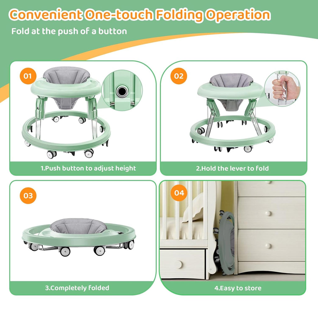 PRVAETU Foldable Baby Walker Activity Center W/ Wheels,Height Adjustable W/ Dinner Plate & Foot Pad for 6-18 Months Babies Infant Boys Girls