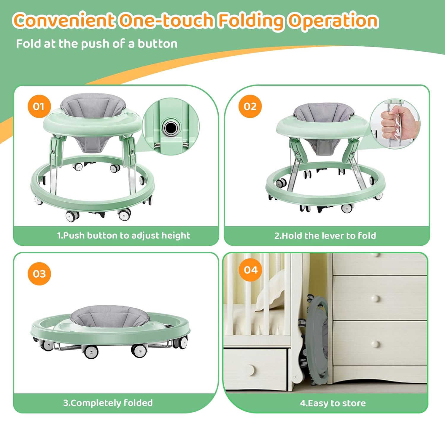 PRVAETU Foldable Baby Walker Activity Center W/ Wheels,Height Adjustable W/ Dinner Plate & Foot Pad for 6-18 Months Babies Infant Boys Girls