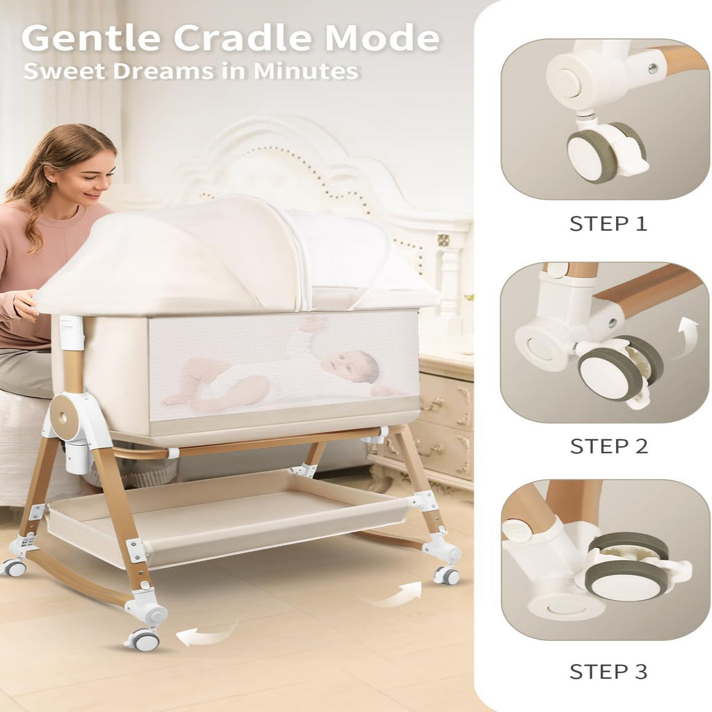 PRVAETU 4 in 1 Baby Bassinet Bedside Sleeper W/ Wheels,Storage Basket,Adjustable 7 Heights,Mosquito Net,Breathable Mesh Cradle for Infants Toddler