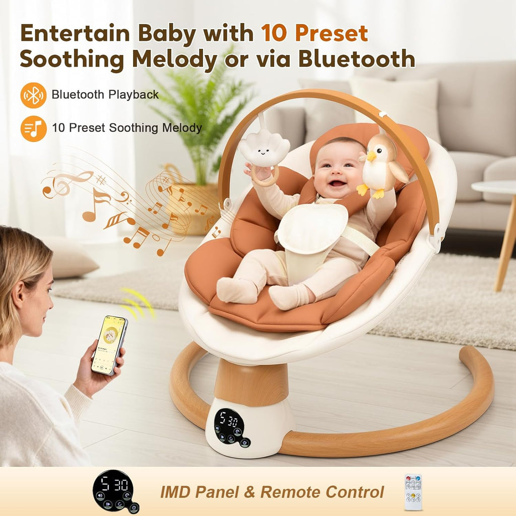 PRVAETU Electric Baby Swing for Infants, Portable Swing with Bluetooth,5 Speeds,3 Timers,10 Lullabies,5-Point Harness,Remote Control