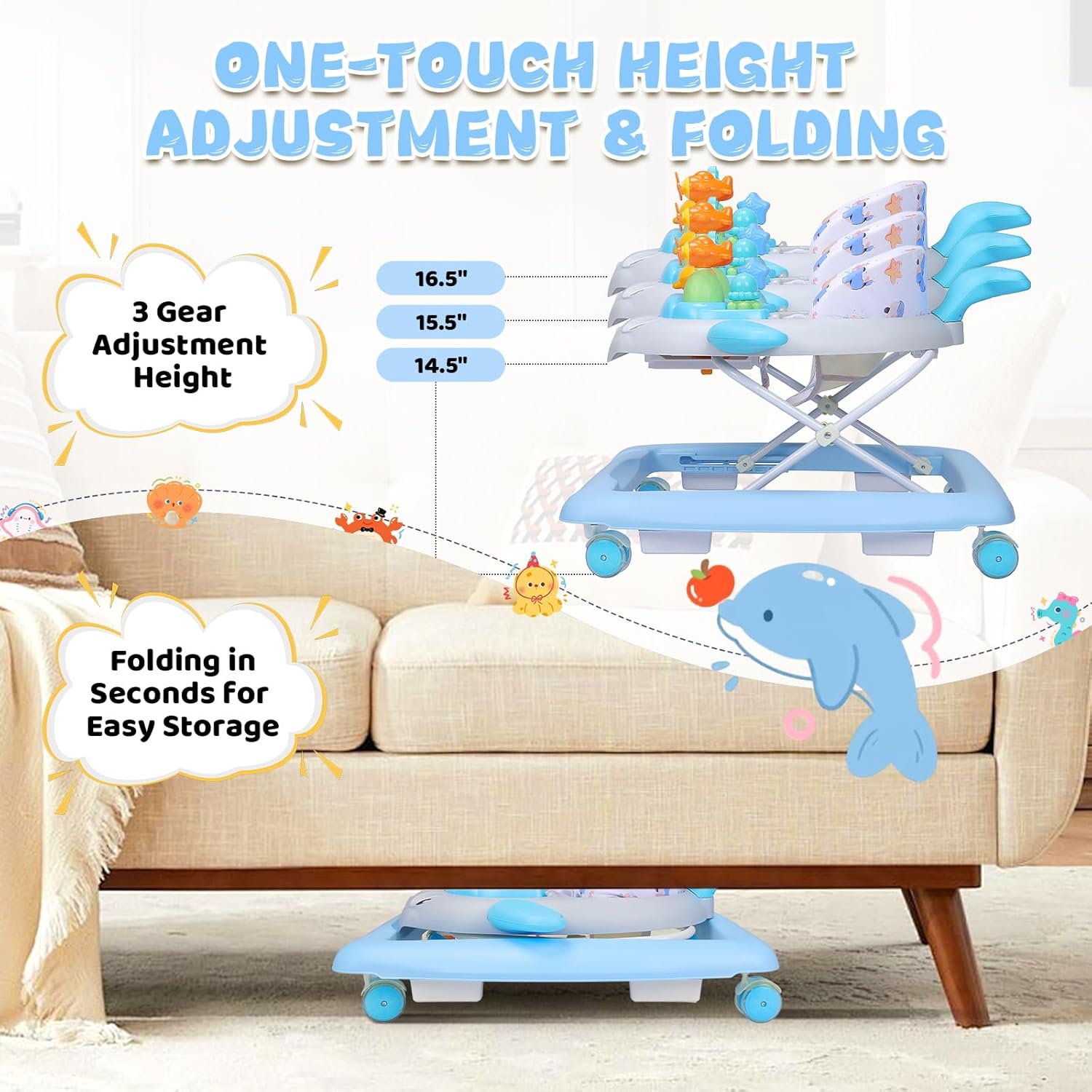 PRVAETU Baby Walker & Activity Center W/ Music & Lights,3 Adjustable Height, Anti-Rollover & Foldable Design for Infant Boy and Girl 6-18 Months