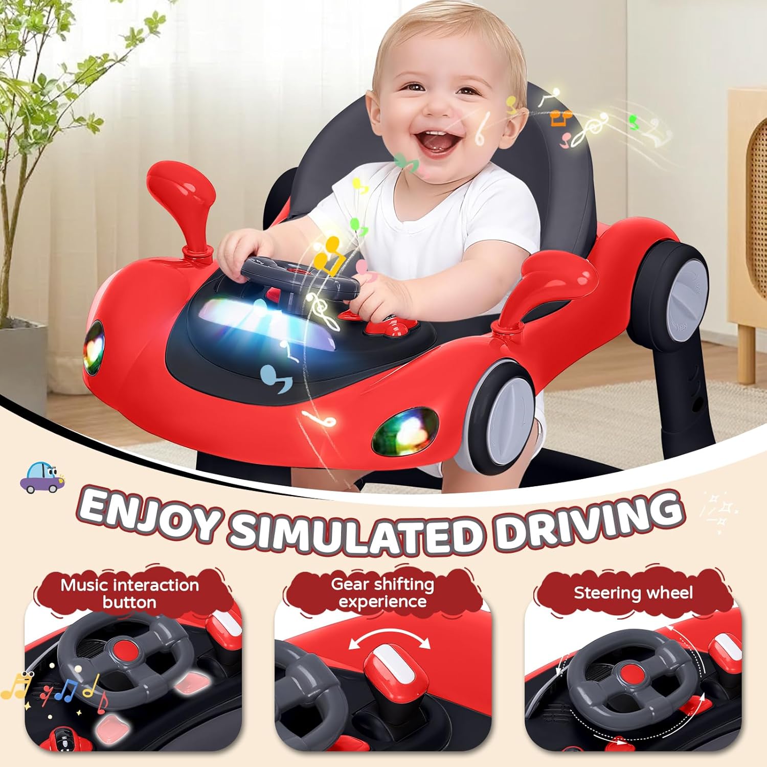 PRVAETU 5 in 1 Baby Walker for Boys Girls,Foldable,Music,Light,Jumper,Rocking,Push,Height Adjustable Training Activity for Babies Infant 6-18 Months