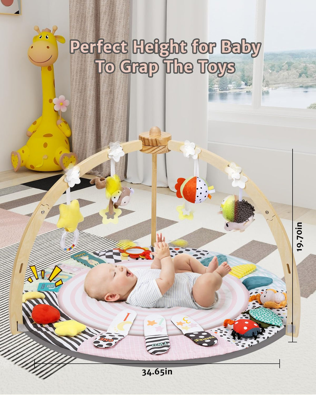 PRVAETU Wooden Baby Gym Play Mat, Foldable Tummy Time Playmat W/ 7 Detachable Toys for Infant Newborn Toddler Motor Skills Sensory Development