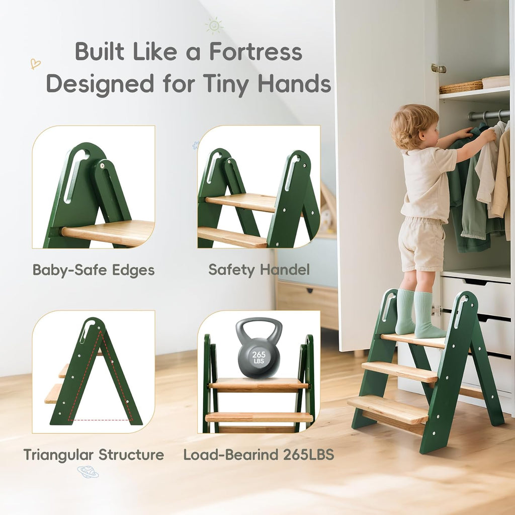 PRVAETU 3 layer Wooden Toddler Step Stool for Bathroom Sink, Foldable Kids Toilet Potty Training Stool with Handles, Child Kitchen Counter Tower Helper