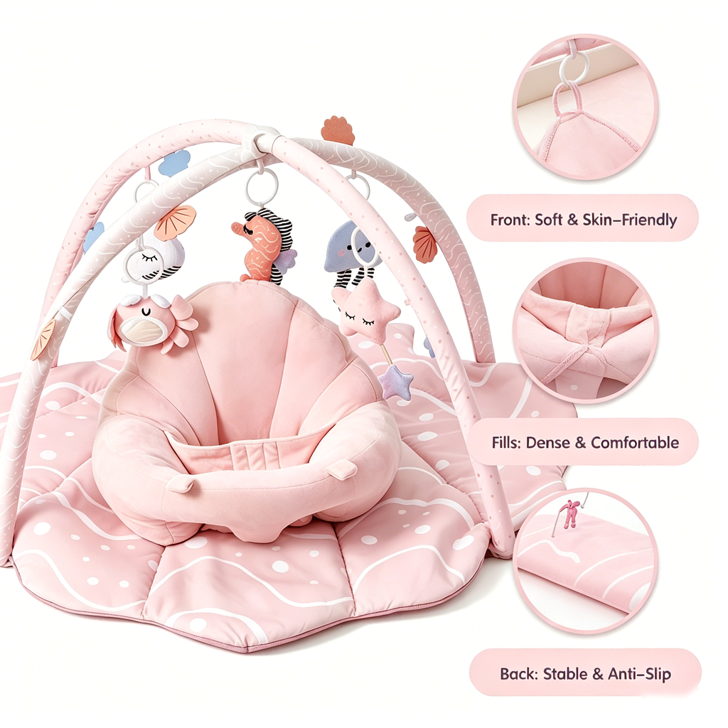 PRVAETU Baby Gym Playmat,Tummy Time Mat,Sit &amp;Play Activity Mat with 6 Detachable Toys,Washable Baby Mat &amp; Toys,Baby Gift for 0-18 Months