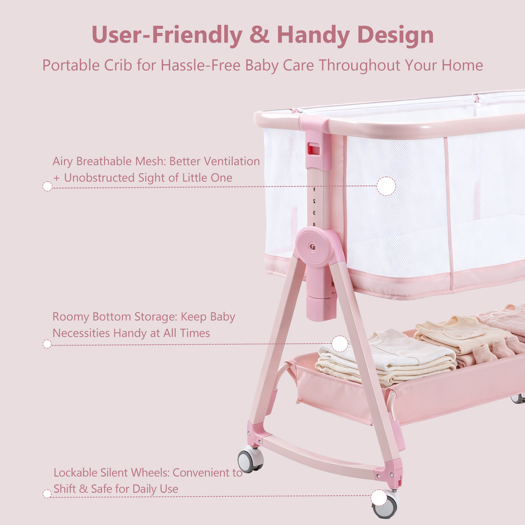 PRVAETU Baby Bassinet Bedside Sleeper, 6-Level Height Adjustable Bedside Crib with 360° Silent Lockable Wheels, Portable Bassinet for Newborns and Infants