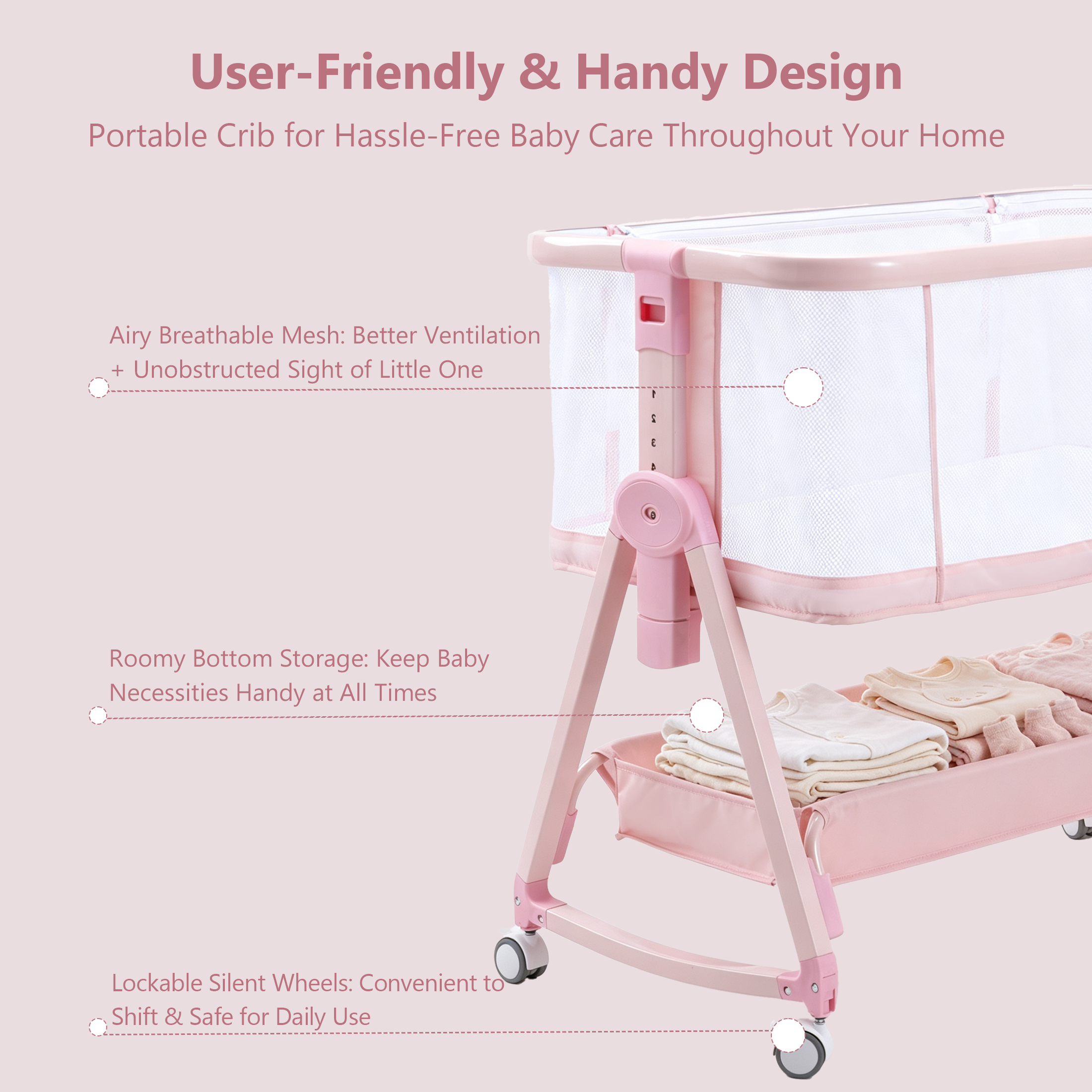 PRVAETU Baby Bassinet Bedside Sleeper, 6-Level Height Adjustable Bedside Crib with 360° Silent Lockable Wheels, Portable Bassinet for Newborns and Infants