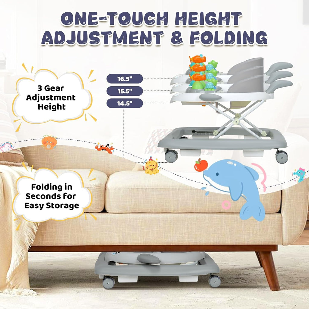 PRVAETU Baby Walker & Activity Center W/ Music & Lights,3 Adjustable Height, Anti-Rollover & Foldable Design for Infant Boy and Girl 6-18 Months