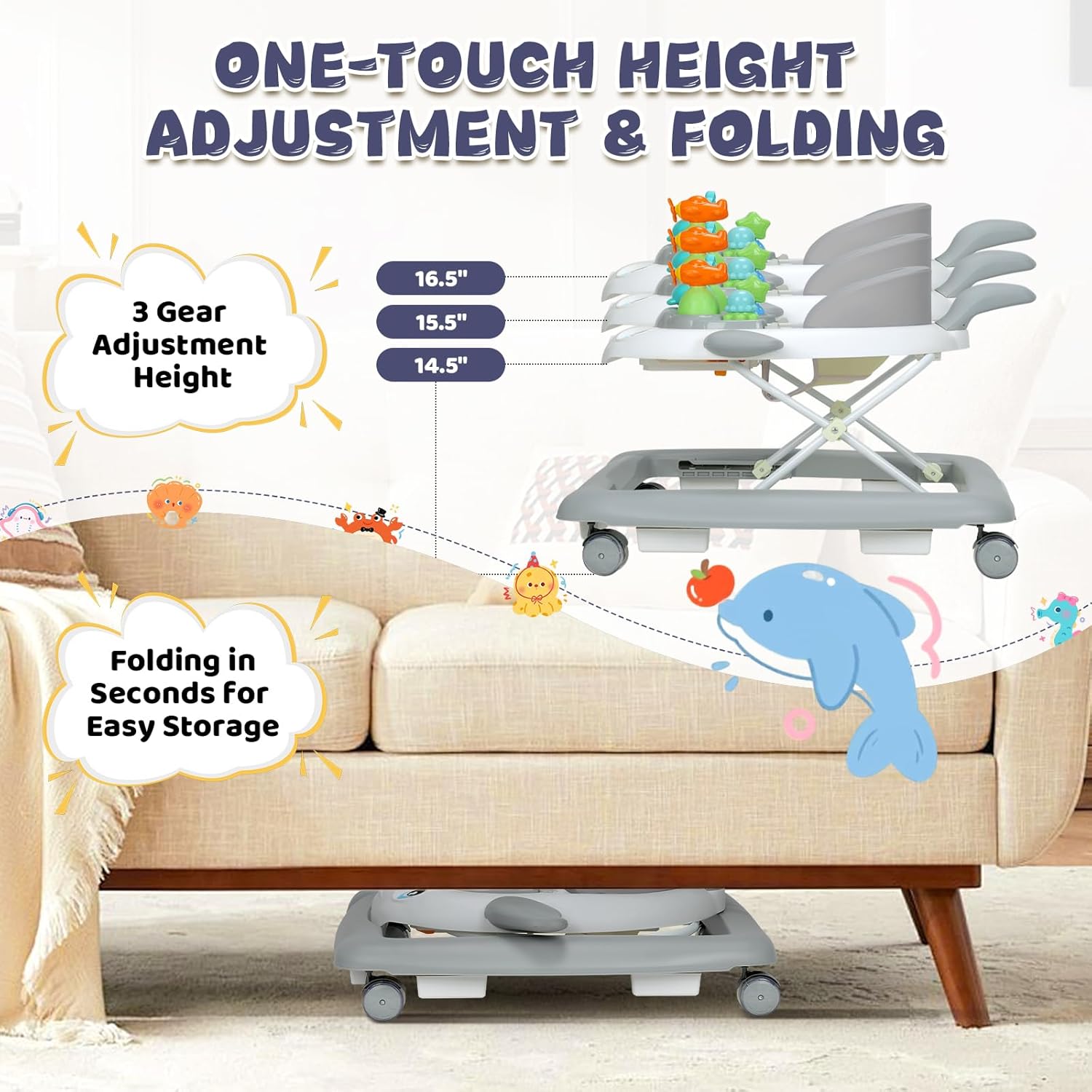 PRVAETU Baby Walker & Activity Center W/ Music & Lights,3 Adjustable Height, Anti-Rollover & Foldable Design for Infant Boy and Girl 6-18 Months