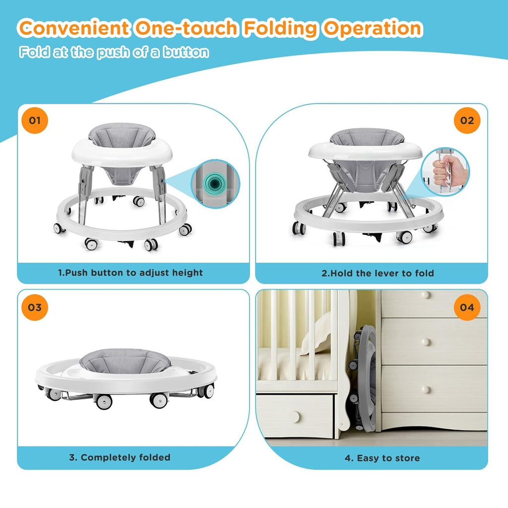 PRVAETU Foldable Baby Walker Activity Center W/ Wheels,Height Adjustable W/ Dinner Plate & Foot Pad for 6-18 Months Babies Infant Boys Girls