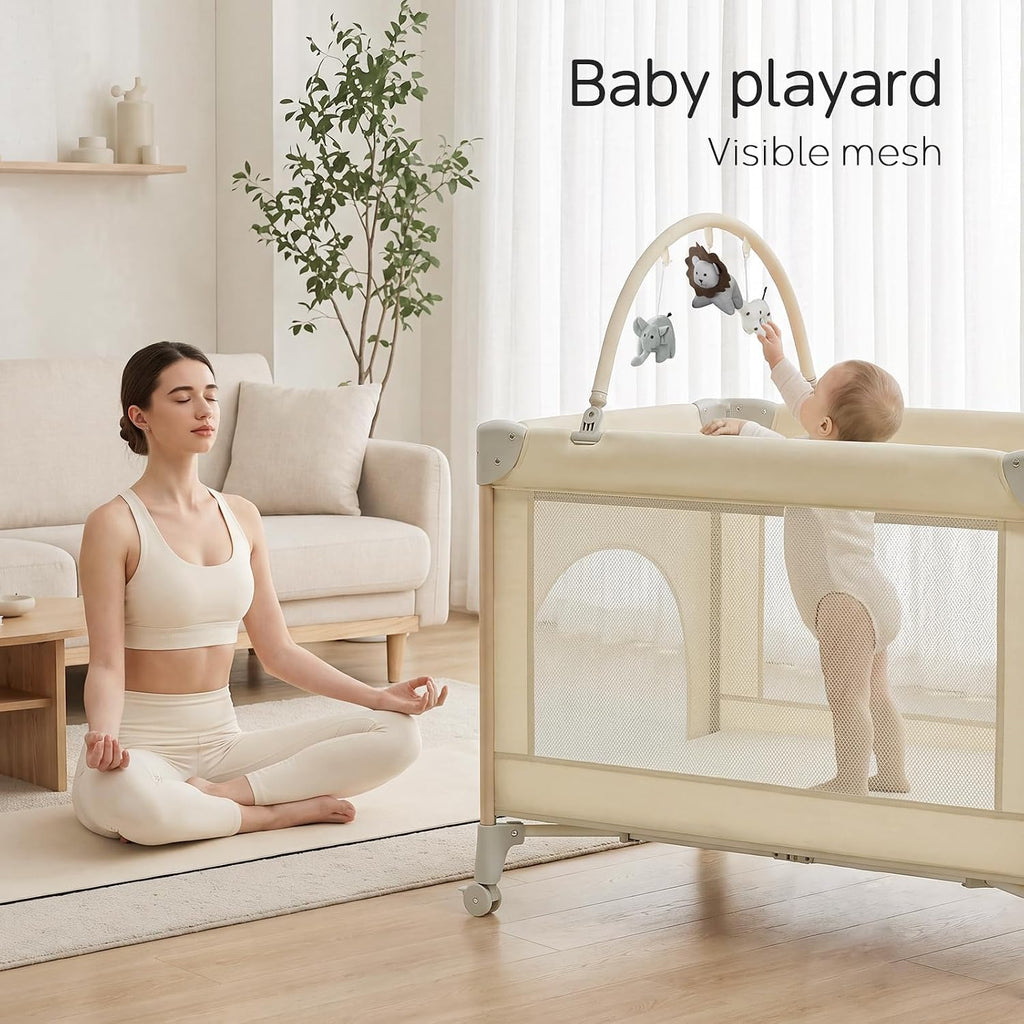PRVAETU 4 in 1 Baby Playard with Changing Table & Mattress & 4 Movable Wheels & Toy Bar & Storage Bag, Bedside Bassinet Sleeper for Newborn
