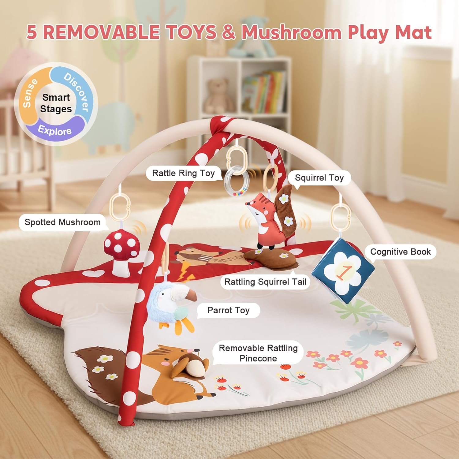 PRVAETU Baby Play Mats Tummy Time Mat for Infant Washable Padded Baby Activity Center with Detachable Toys Non-Slip Baby Gym Playmat