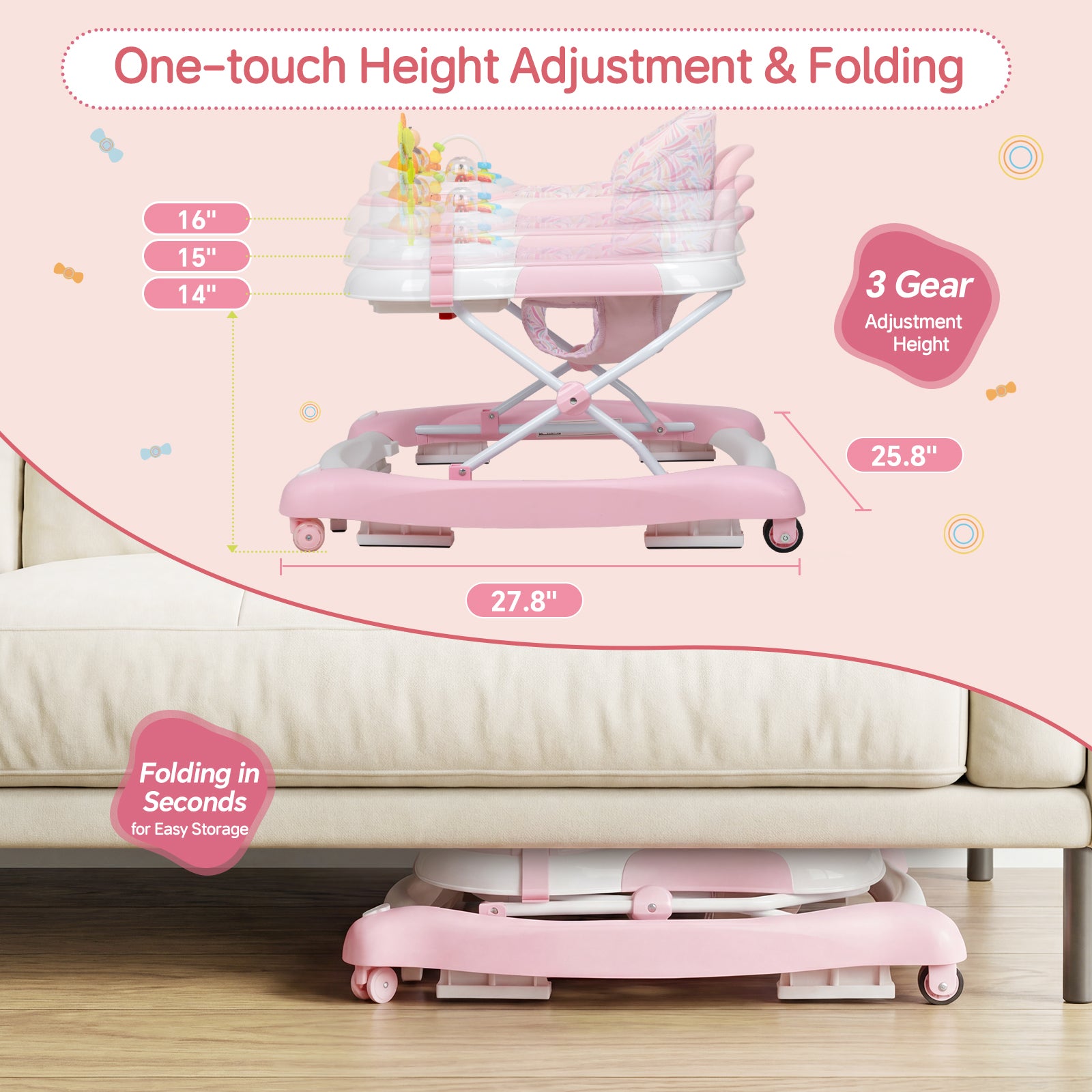 PRVAETU 5 in 1 Baby Walker,Jumper,Rocking,Push,Eating Mode for Boys Girls,Foldable,Music & Light,Height Adjustable,Wheel for Infant