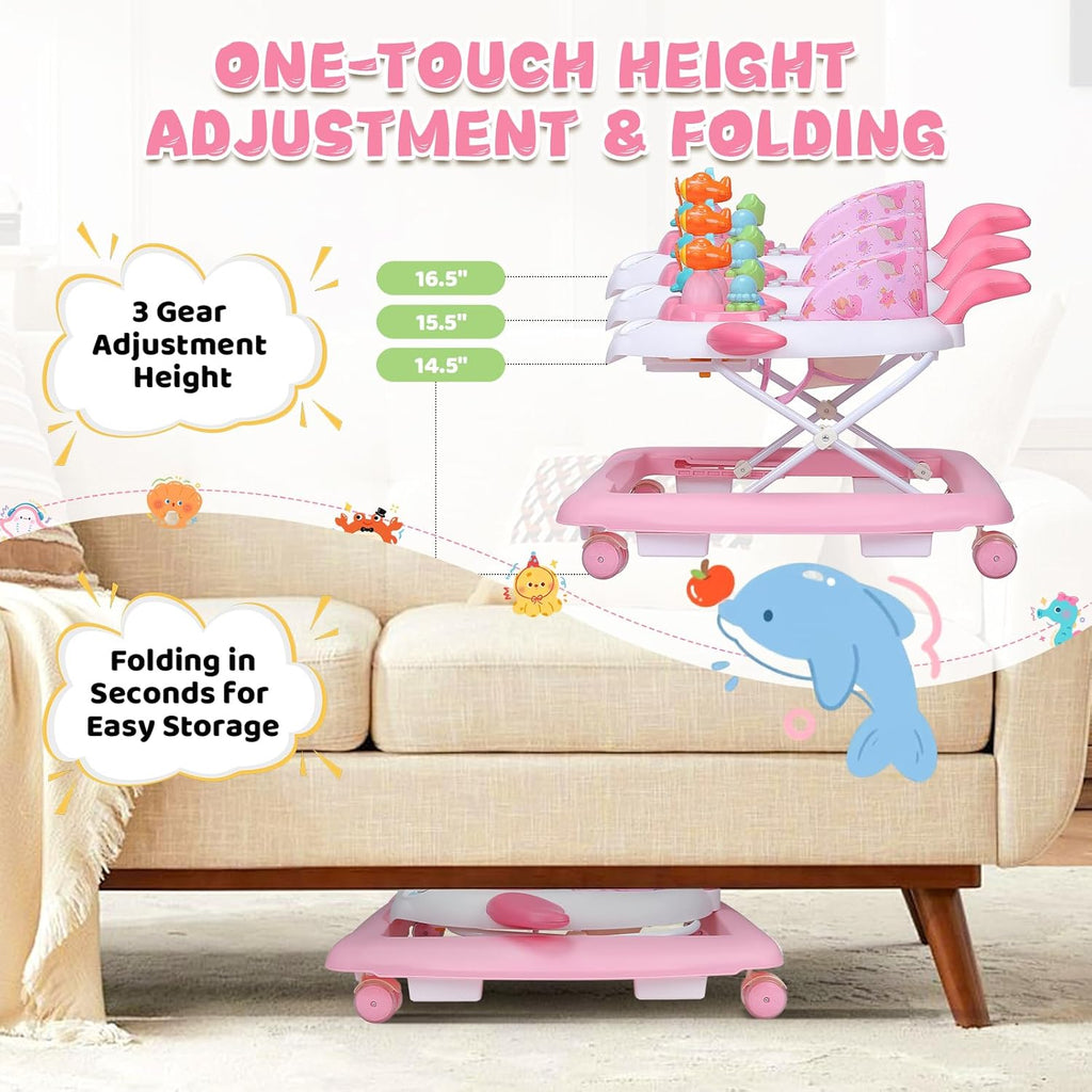 PRVAETU Baby Walker & Activity Center W/ Music & Lights,3 Adjustable Height, Anti-Rollover & Foldable Design for Infant Boy and Girl 6-18 Months