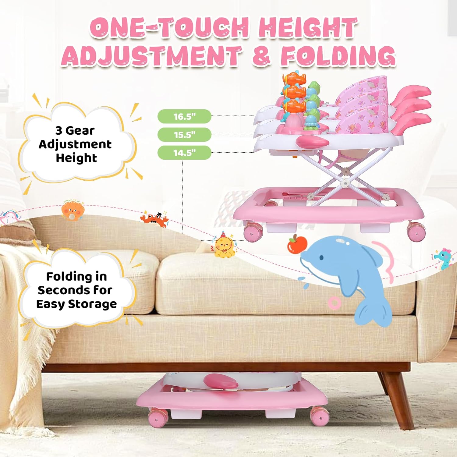 PRVAETU Baby Walker & Activity Center W/ Music & Lights,3 Adjustable Height, Anti-Rollover & Foldable Design for Infant Boy and Girl 6-18 Months