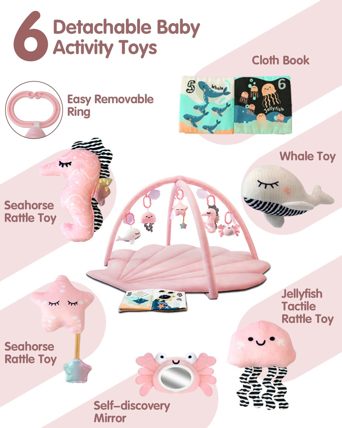 PRVAETU Baby Play Gym Mat, Oversize Tummy Time Activity Mat with 6 Detachable Toys for Infant 0-12 Months Sensory Exploration Skill Development