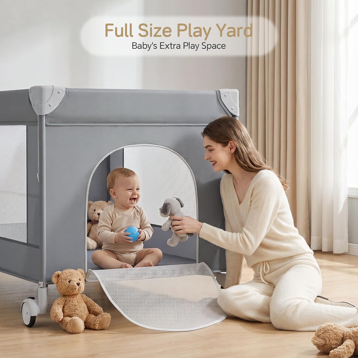 PRVAETU 4 in 1 Baby Bassinet for Baby, Bedside Bassinet & Crib Sleeper with Wheels, Diaper Changer, Mattress, Foldable Design for Newborn to Toddler