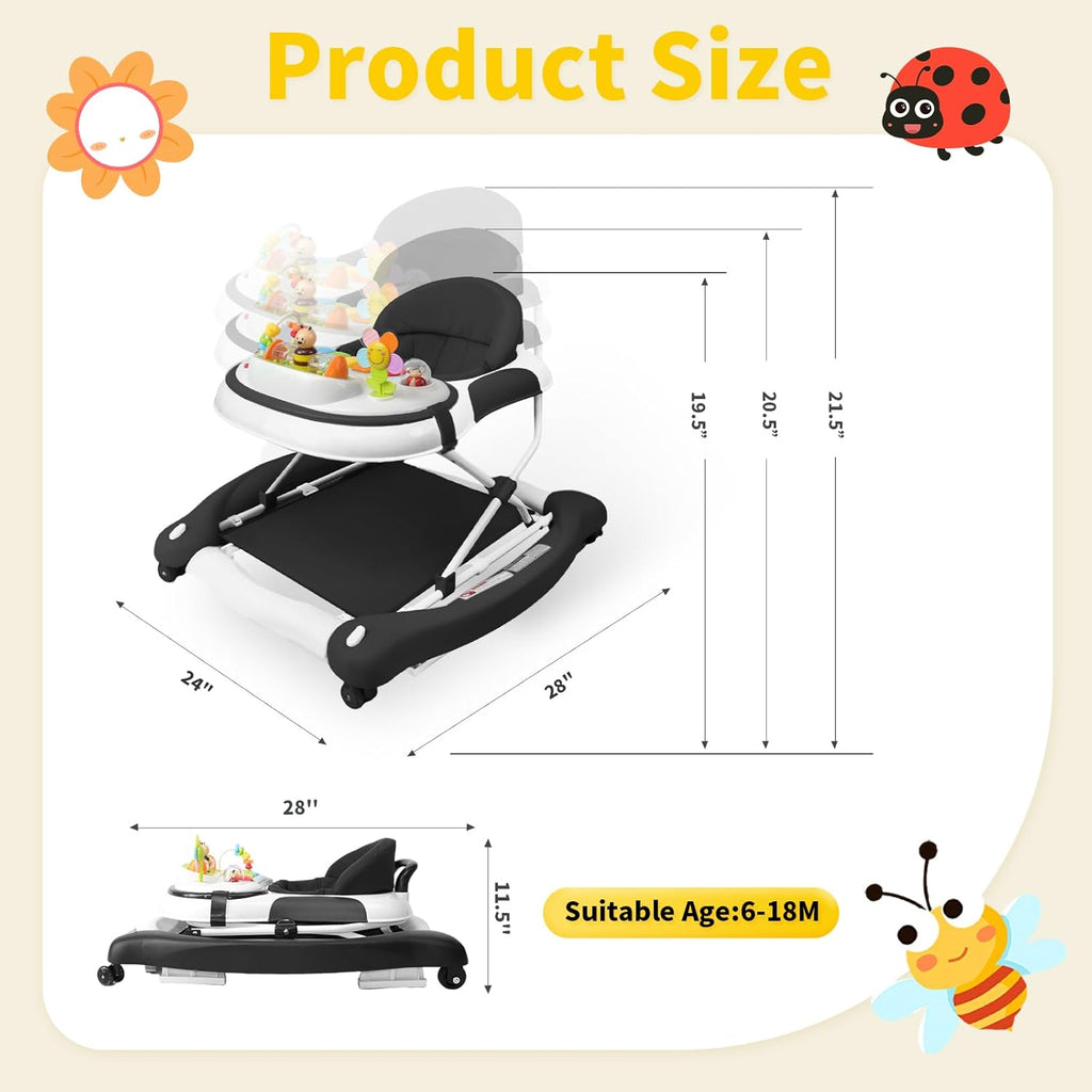 PRVAETU 5 in 1 Baby Walker (Walk,Jumper,Rocking,Push,Eating Mode) for Boys Girls,Foldable,Music & Light,Height Adjustable,Wheels for Infant Babies