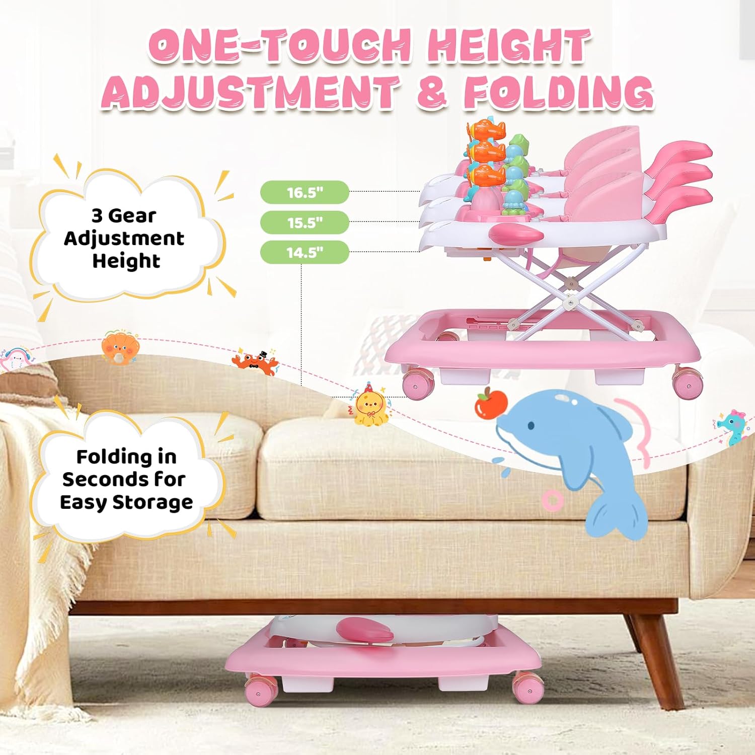 PRVAETU Baby Walker & Activity Center W/ Music & Lights,3 Adjustable Height, Anti-Rollover & Foldable Design for Infant Boy and Girl 6-18 Months