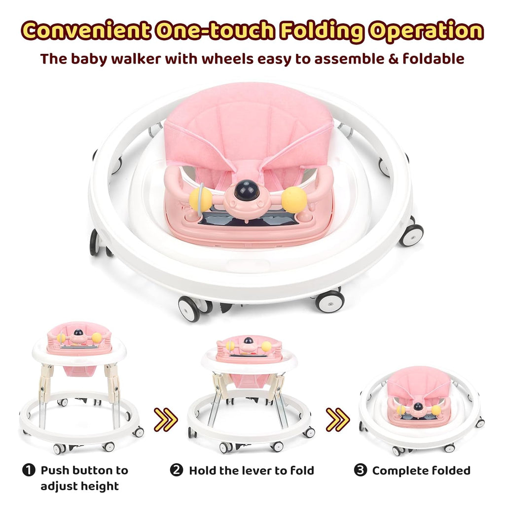 PRVAETU Foldable Baby Walker Activity Center W/ Wheels,Height Adjustable,Music Toy & Foot Pad for 6-18 Months Babies Infant Boys Girls