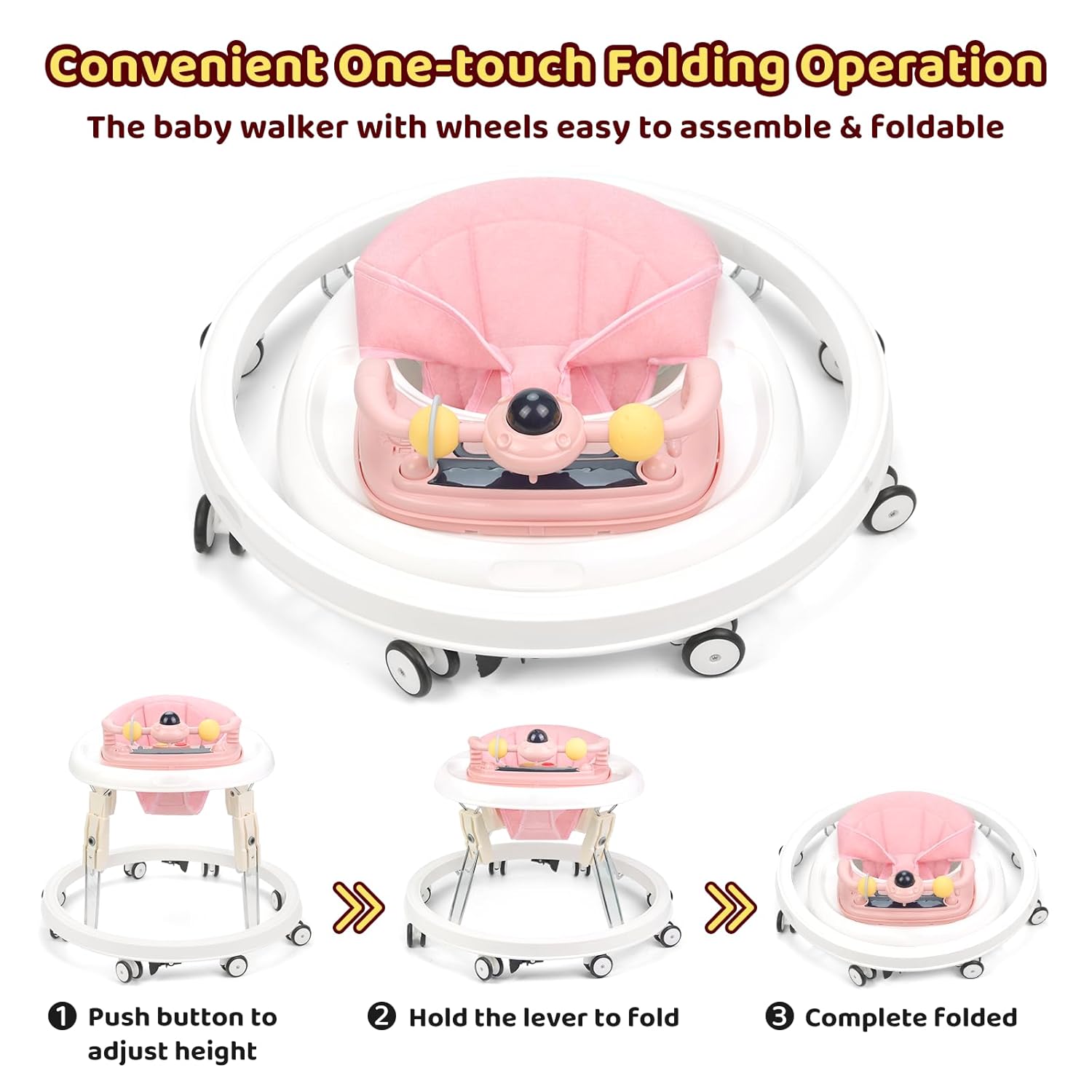 PRVAETU Foldable Baby Walker Activity Center W/ Wheels,Height Adjustable,Music Toy & Foot Pad for 6-18 Months Babies Infant Boys Girls