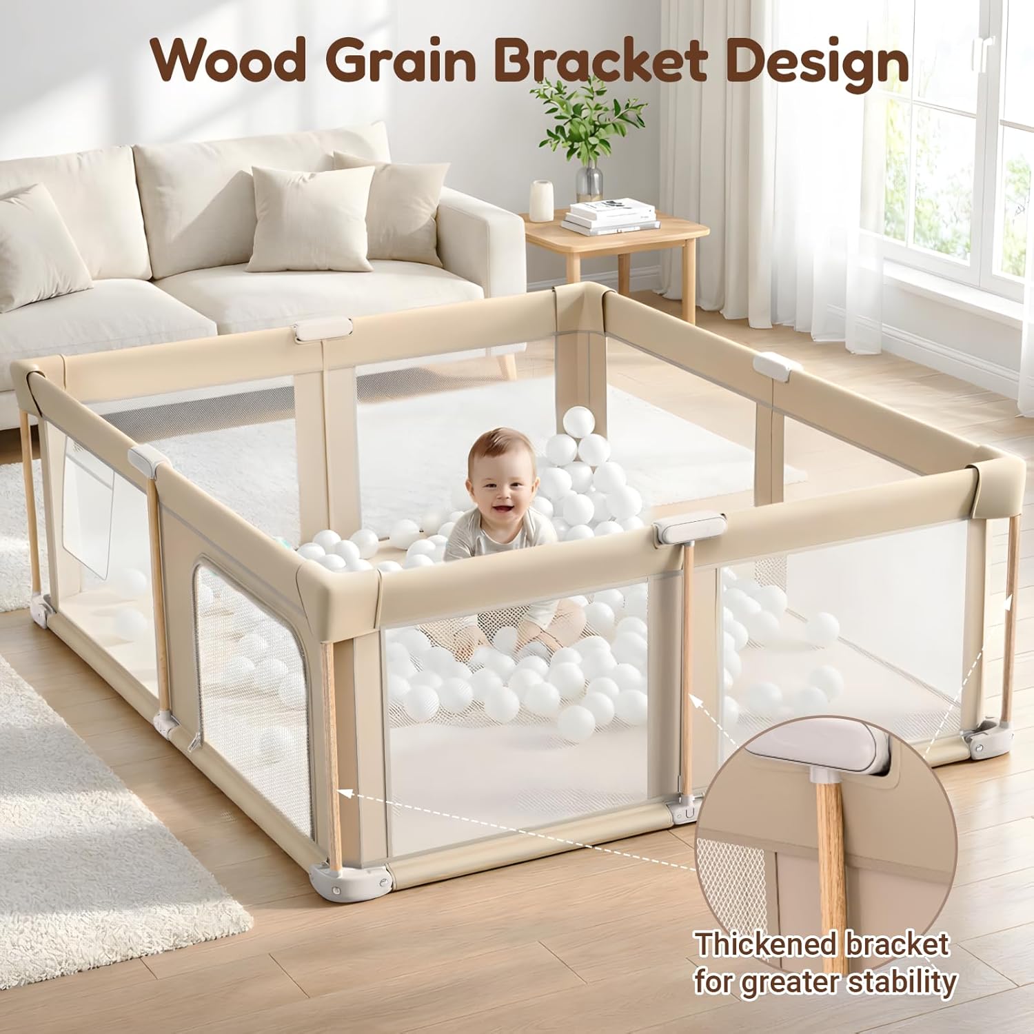 PRVAETU Foldable Baby Playpen with Mat, Play Yard Fence for Babies Boys Girls Toddlers, Large Playard W/ 300D Fabric for Infant and Kids