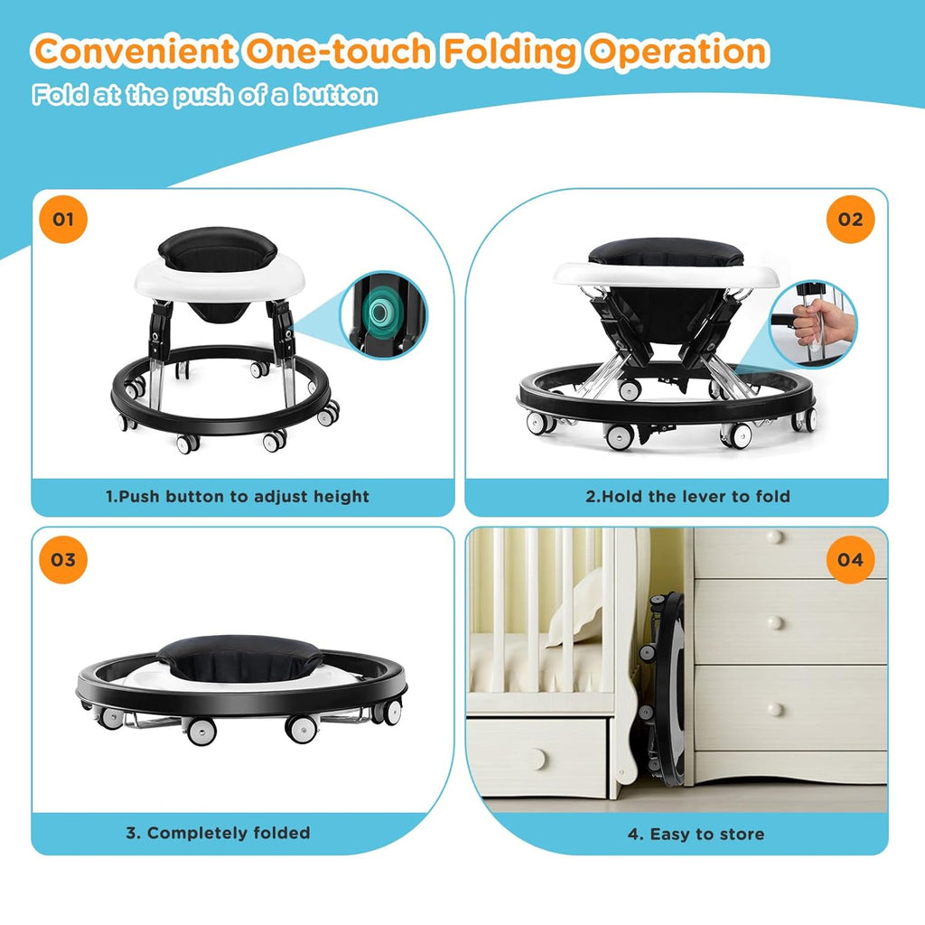 PRVAETU Foldable Baby Walker Activity Center W/ Wheels,Height Adjustable W/ Dinner Plate & Foot Pad for 6-18 Months Babies Infant Boys Girls