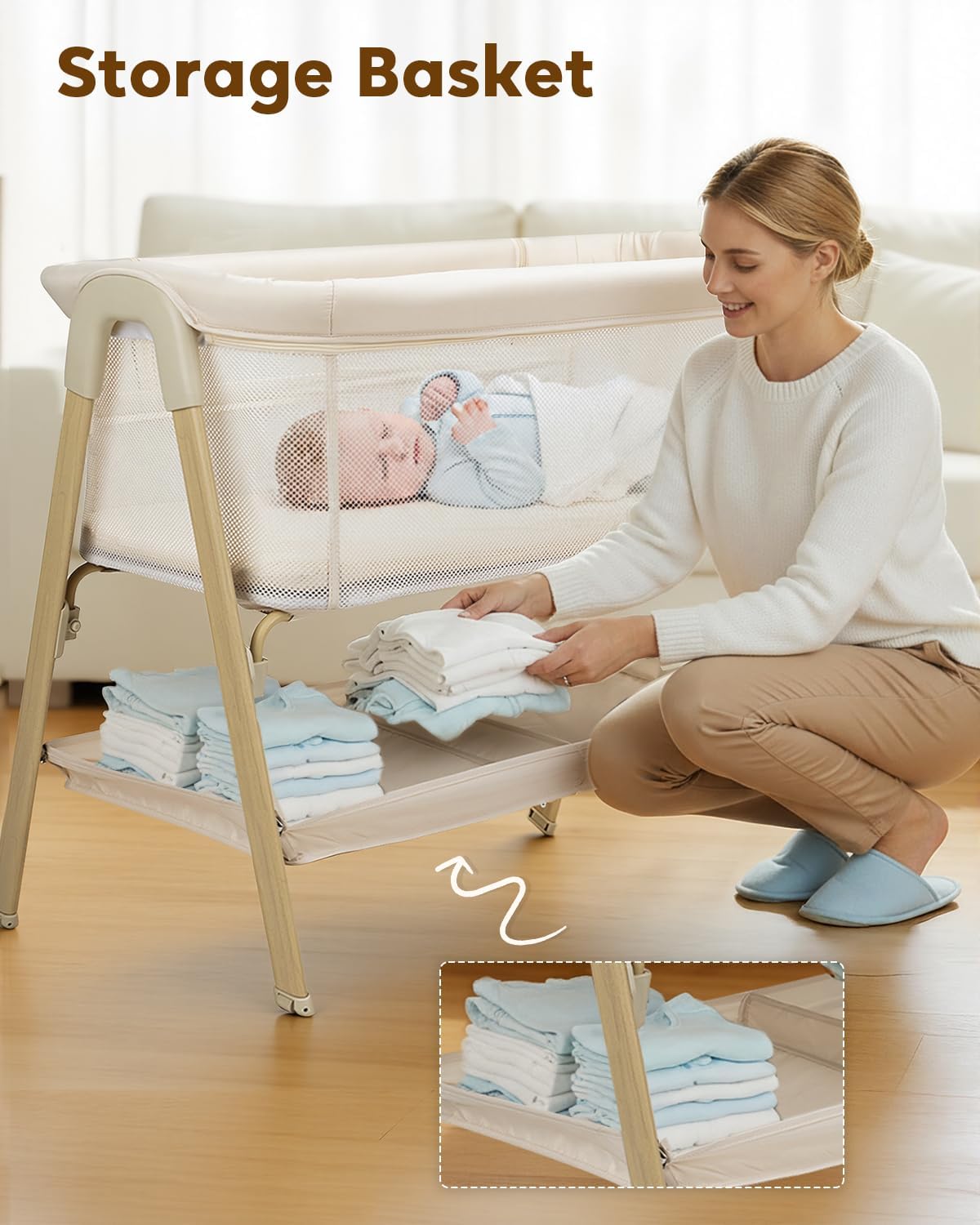 PRVAETU Baby Bassinet, Bedside Bassinet for Baby, Bassinet Bedside Sleeper with Mattress, Storage Basket and 4 Auto-Lock Wheels, Full-Mesh Sides, Bedside Crib for Newborn