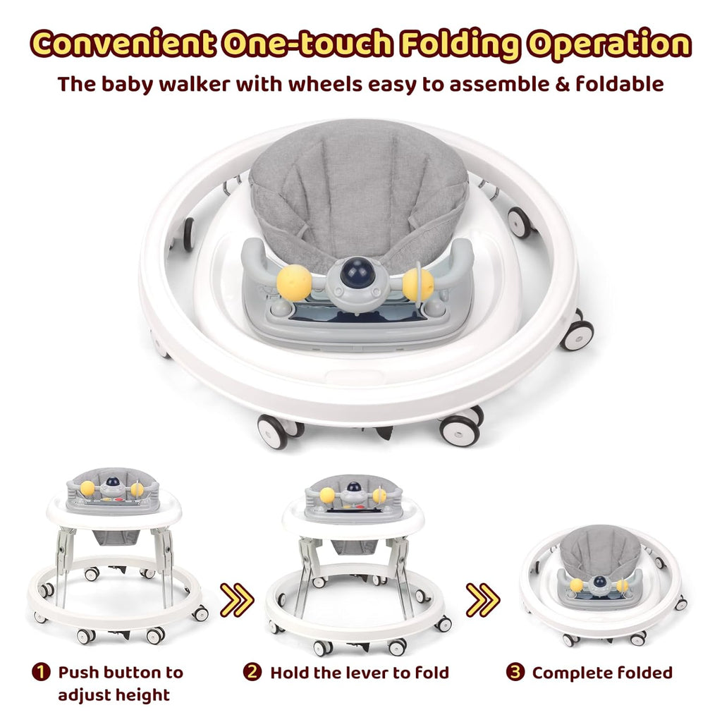PRVAETU Foldable Baby Walker Activity Center W/ Wheels,Height Adjustable,Music Toy & Foot Pad for 6-18 Months Babies Infant Boys Girls