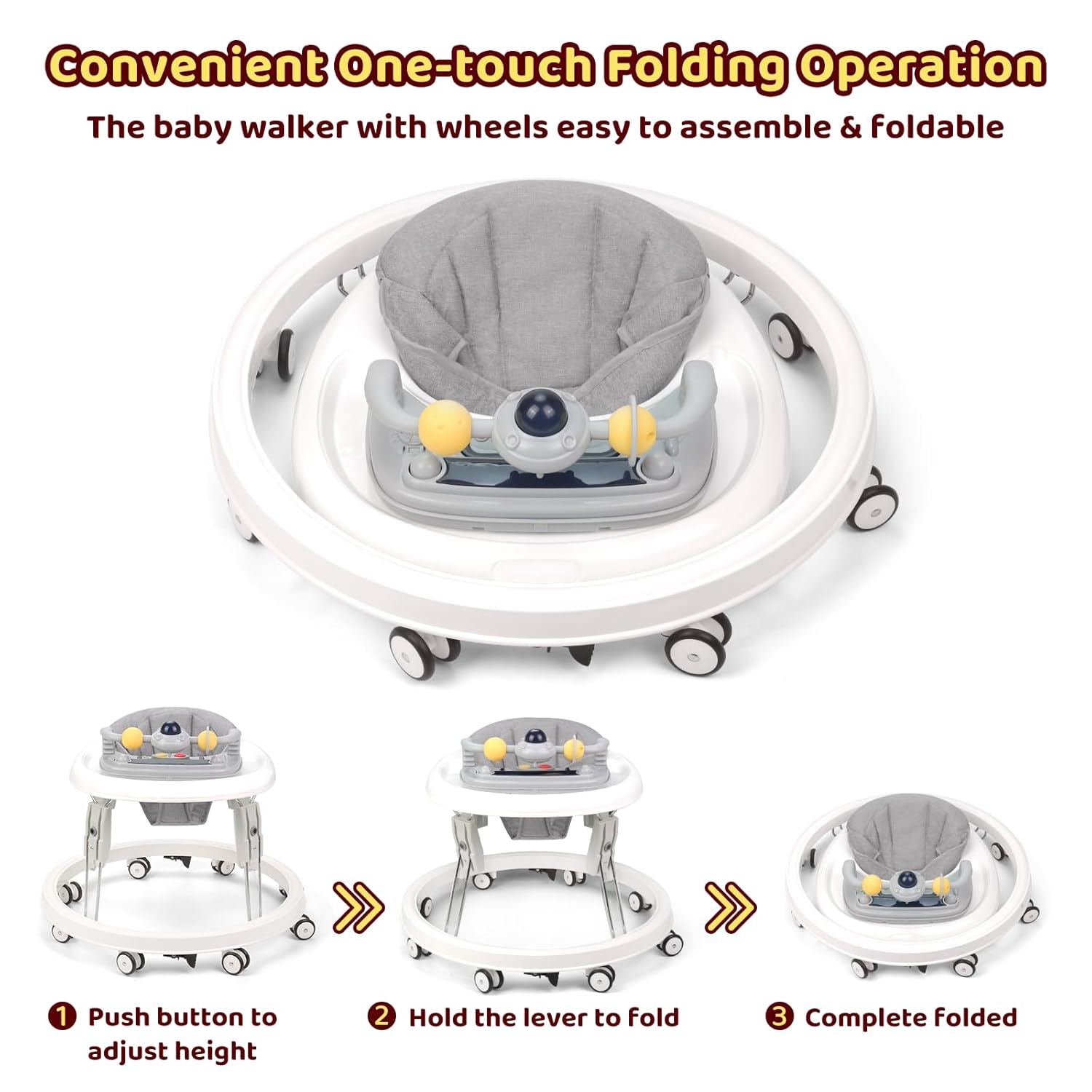 PRVAETU Foldable Baby Walker Activity Center W/ Wheels,Height Adjustable,Music Toy & Foot Pad for 6-18 Months Babies Infant Boys Girls