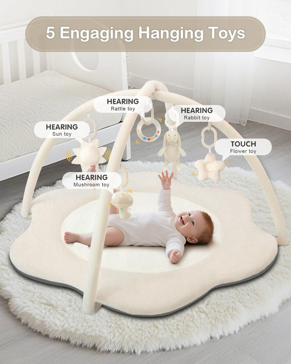 PRVAETU Baby Gym Play Mat, Sitting-up Babies Seats for Infants,with 5 Detachable Toys, Infant Toddler Activity Tummy Time Playmats for Newborn 0-12 Months
