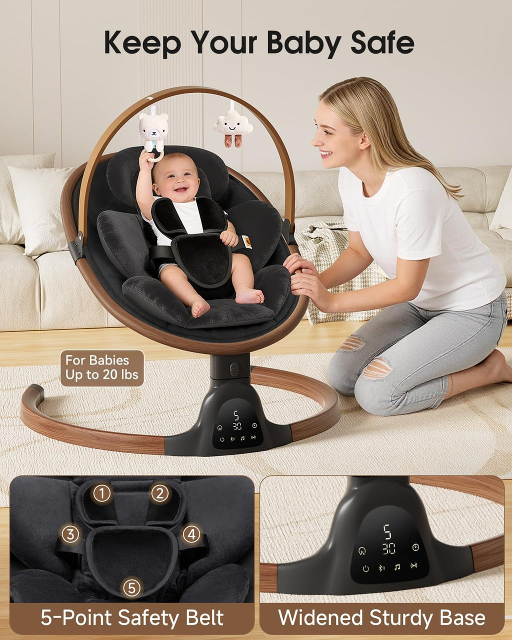 PRVAETU Baby Swing for Infants,5 Speeds,10 Lullabies,5-Point Harness,Electric Rocking Chair for Toddlers with Bluetooth,Remote Control,Touch Panel