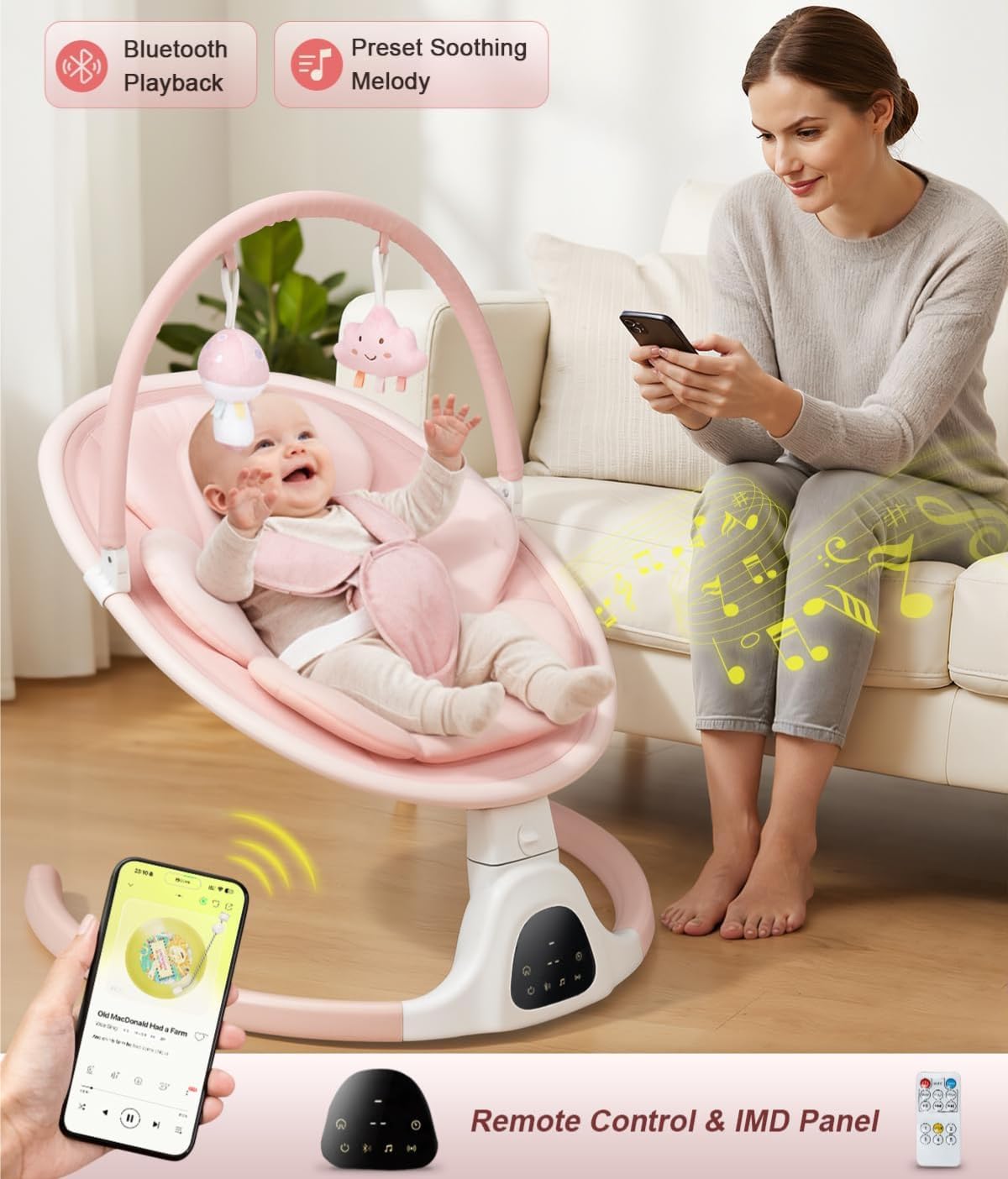 PRVAETU Baby Swing for Infants,5 Speeds,10 Lullabies,5-Point Harness,Electric Rocking Chair for Toddlers with Bluetooth,Remote Control,Touch Panel