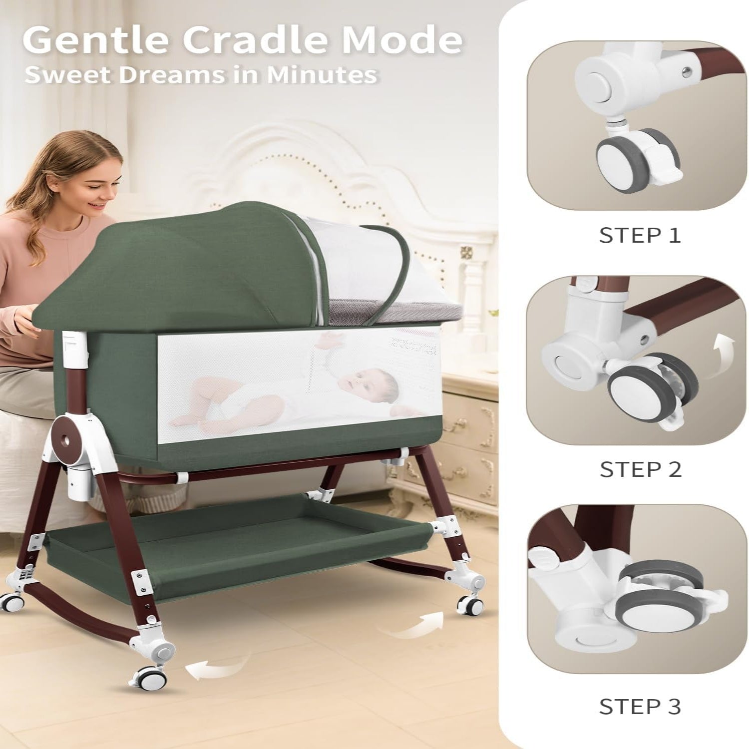 PRVAETU 4 in 1 Baby Bassinet Bedside Sleeper W/ Wheels,Storage Basket,Adjustable 7 Heights,Mosquito Net,Breathable Mesh Cradle for Infants Toddler
