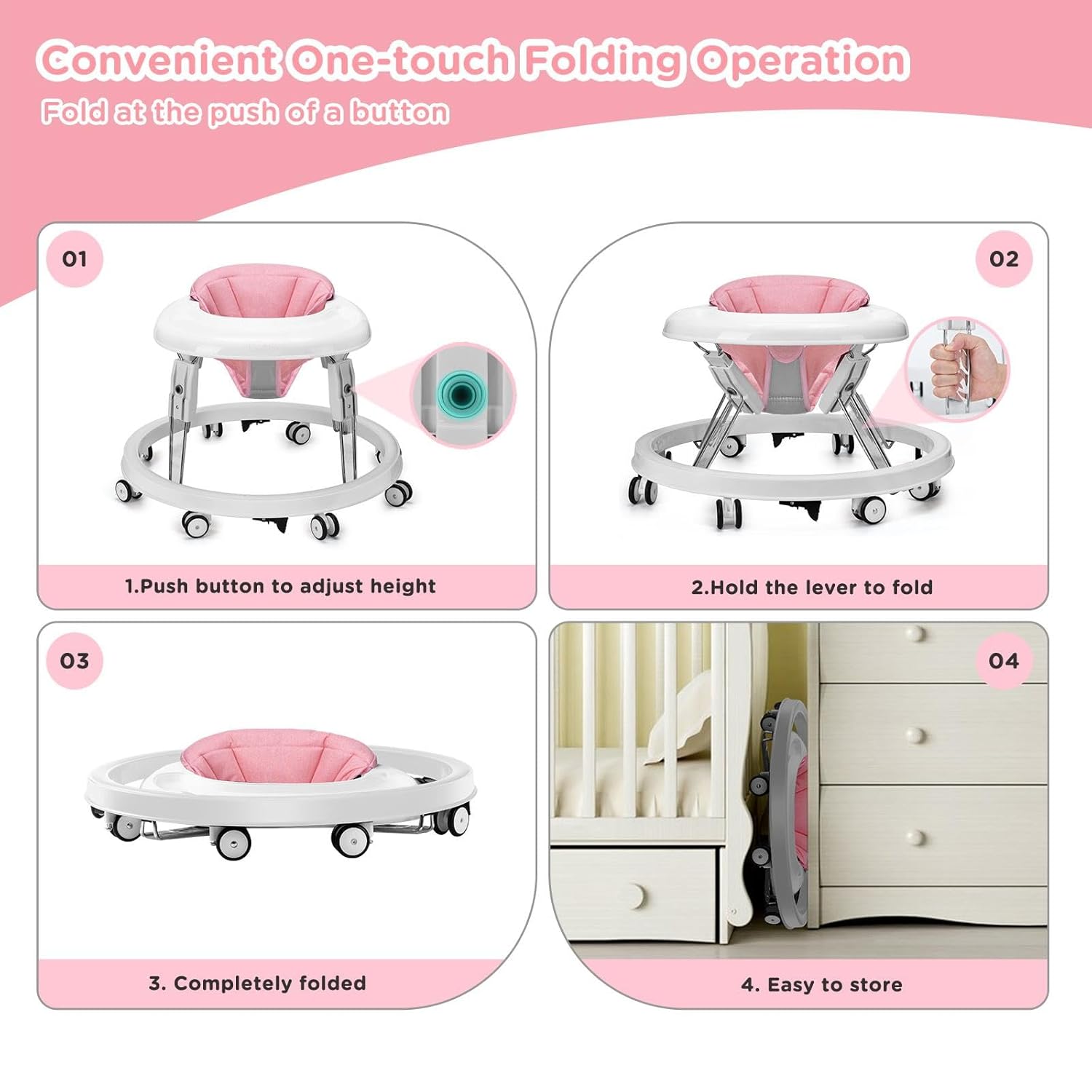 PRVAETU Foldable Baby Walker Activity Center W/ Wheels,Height Adjustable W/ Dinner Plate & Foot Pad for 6-18 Months Babies Infant Boys Girls