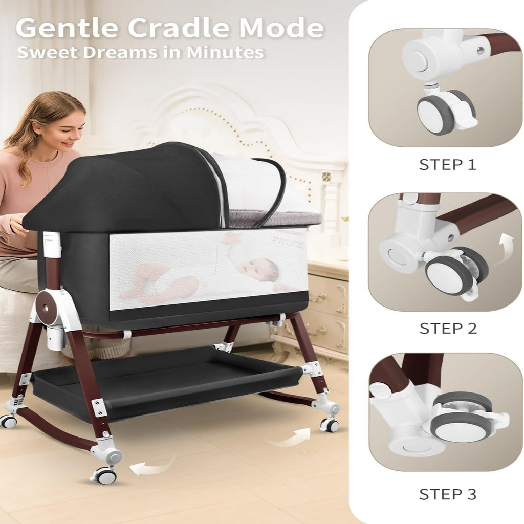 PRVAETU 4 in 1 Baby Bassinet Bedside Sleeper W/ Wheels,Storage Basket,Adjustable 7 Heights,Mosquito Net,Breathable Mesh Cradle for Infants Toddler
