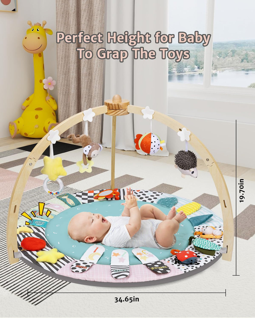 PRVAETU Wooden Baby Gym Play Mat, Foldable Tummy Time Playmat W/ 7 Detachable Toys for Infant Newborn Toddler Motor Skills Sensory Development