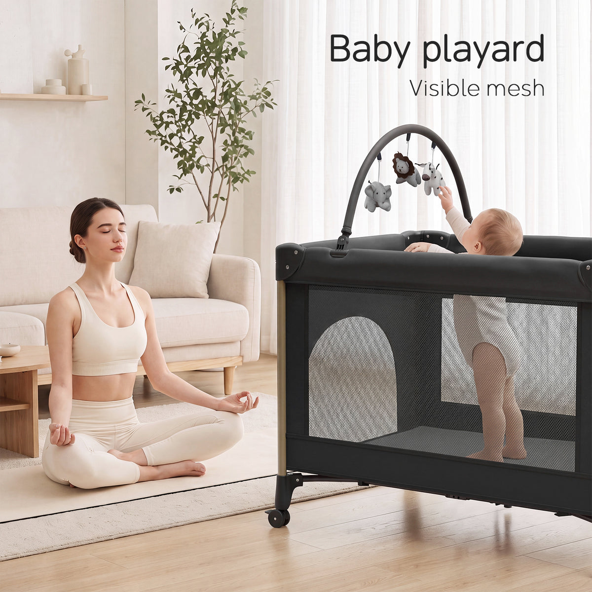 PRVAETU 4 in 1 Baby Playard with Changing Table & Mattress & 4 Movable Wheels & Toy Bar & Storage Bag, Bedside Bassinet Sleeper for Newborn