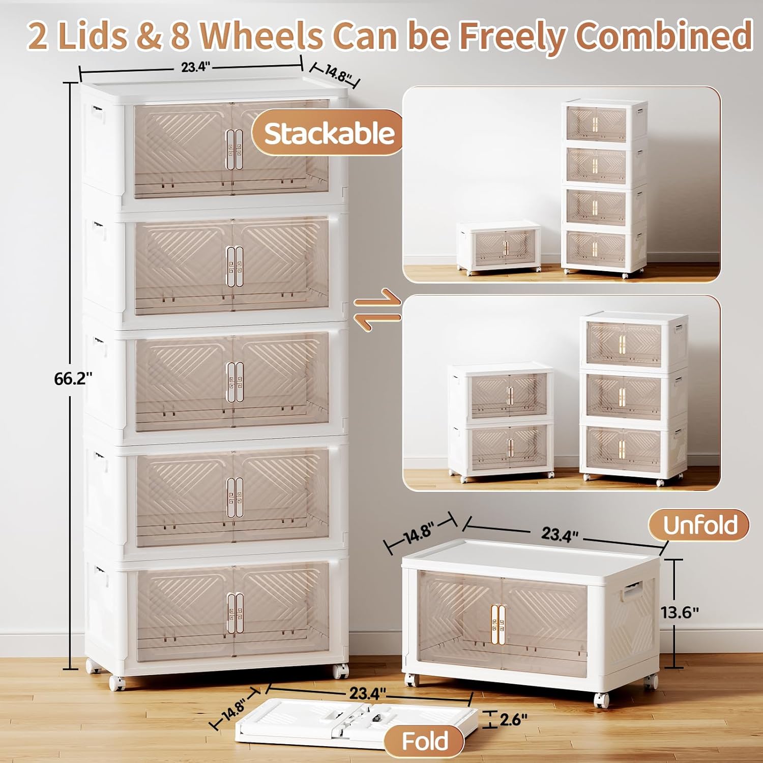 PRVAETU Storage Bins Storage Containers with Wheels and Magnetic Doors, Plastic Clothes Closet Organizers and Storage Box for Home and Office